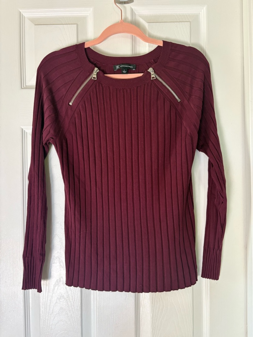 INC International Concepts Ribbed Zip-Accent Sweater - Burgundy